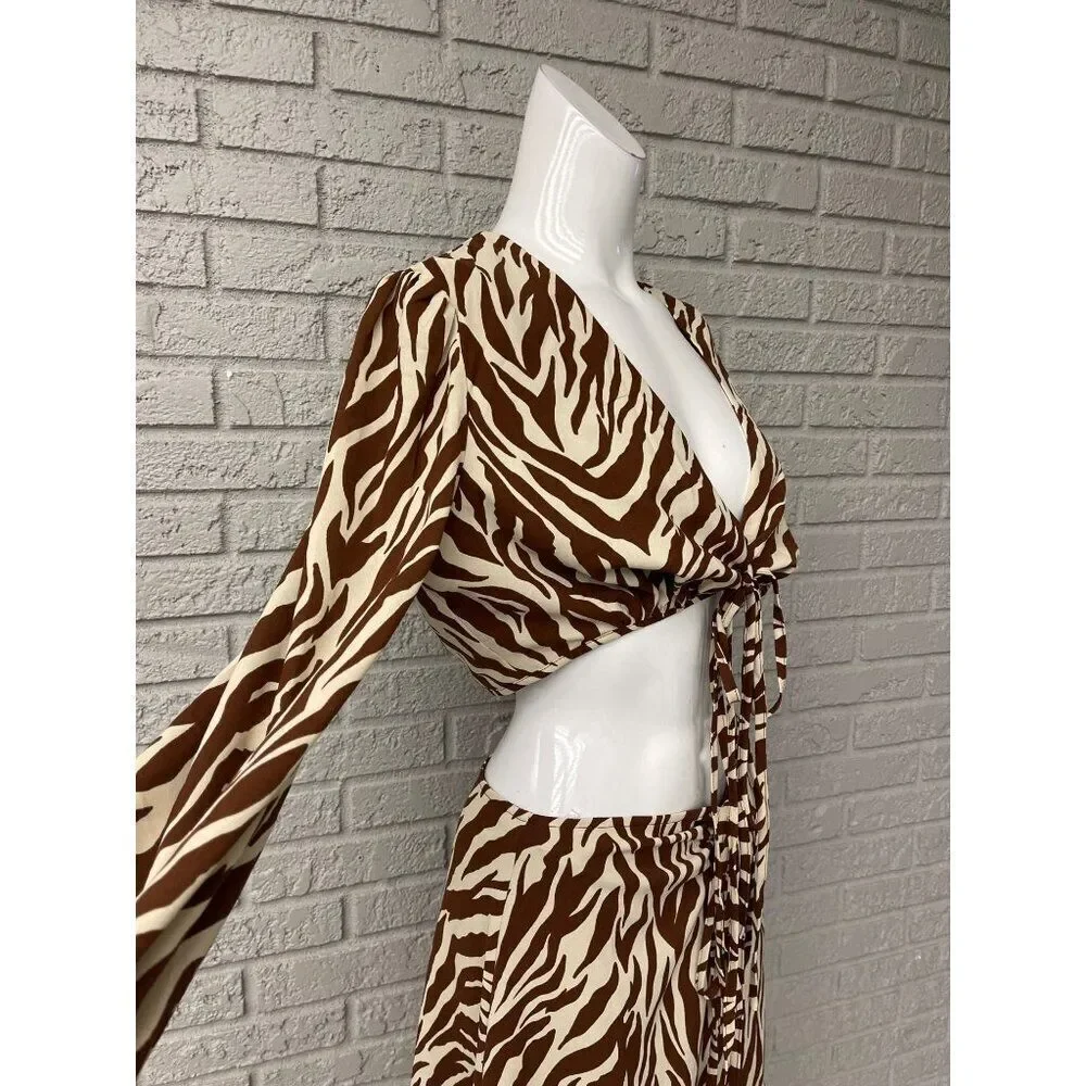 Style Rack Women's Brown / Cream Zebra Print 2 PCS Tie Top Skirt Set Size L NWT